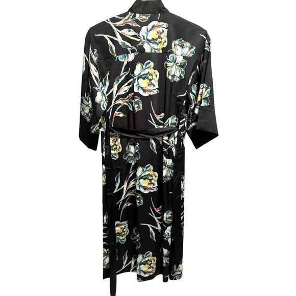 SOMA Satin Kimono Robe Impressions Floral Black Midi Wide Flowy Sleeves Sz S/M - Picture 6 of 11